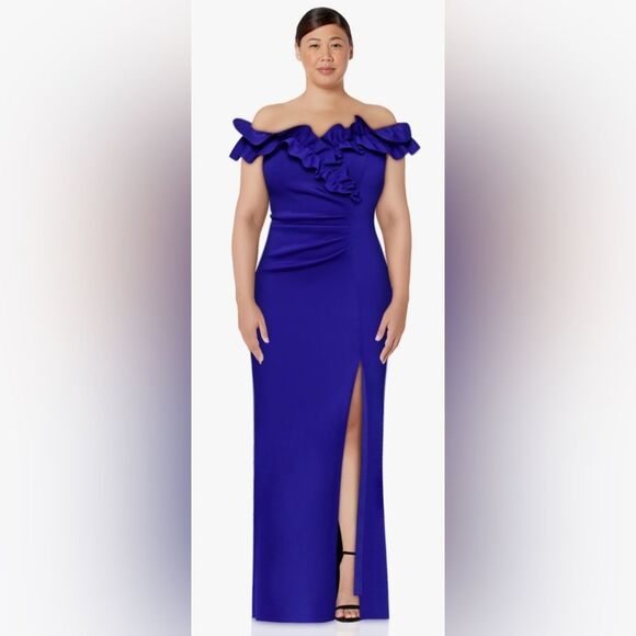 Xscape Women's Long Stretch Scuba Crepe Ruffle Collar Ruched Dress Size 14 NWT - Picture 3 of 13